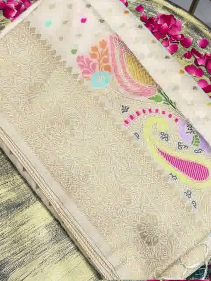 Ivory Banarasi Silk Woven Booti Saree with Multicolor Paisley Pallu