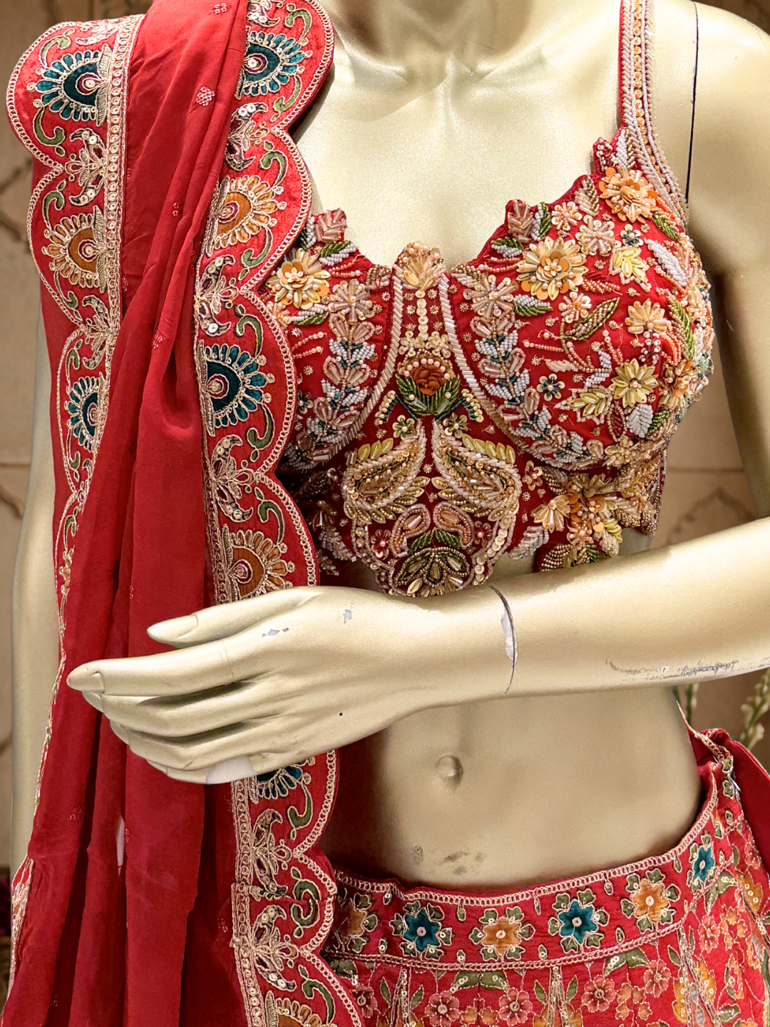 Banarasi Silk Meenakari Woven & Embroidered Bridal Lehenga Choli with Dupatta in Red & Multicolor