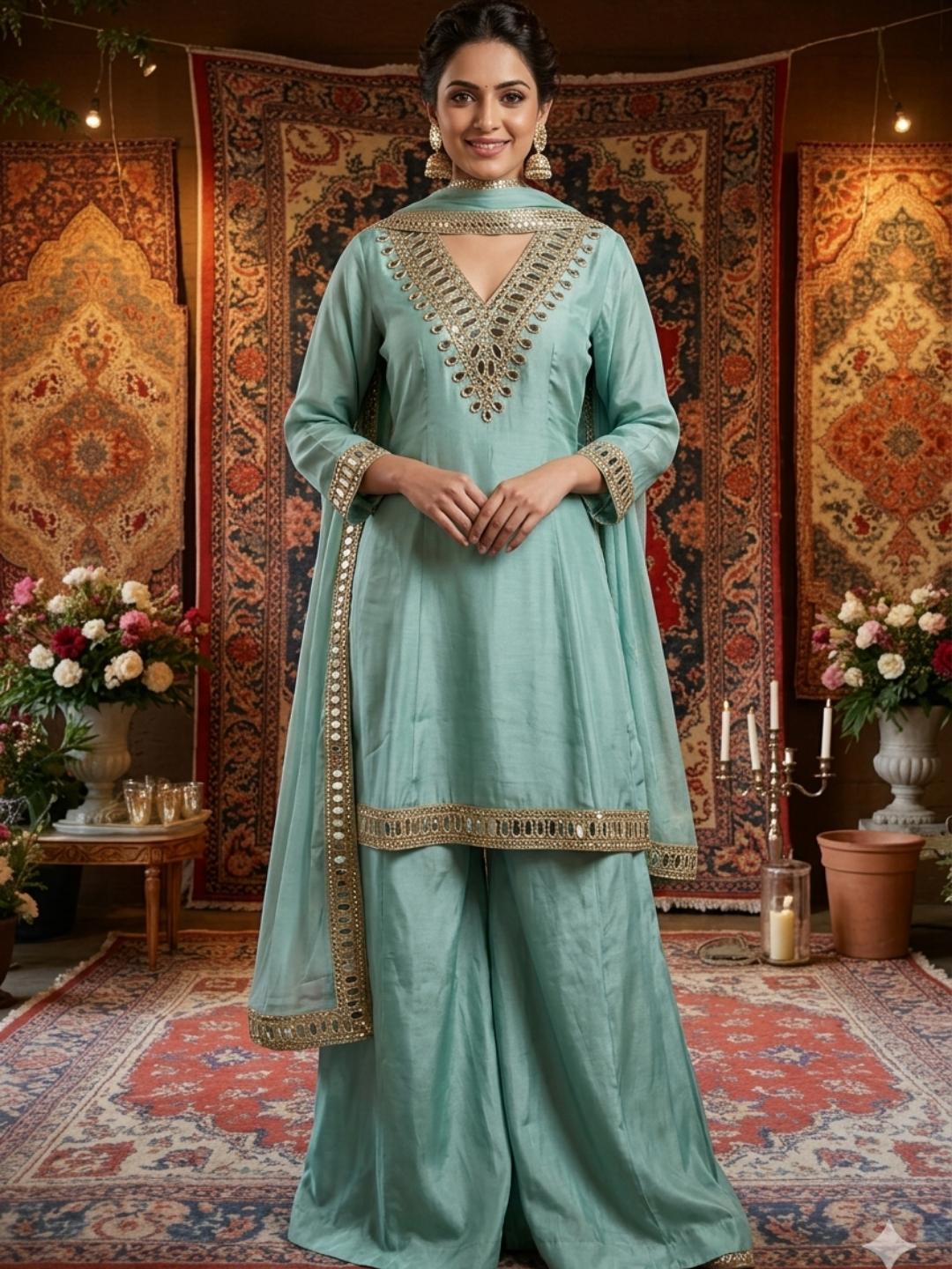 Mirror Work Silk Kurta with Sharara and Dupatta with Mirror Embroidered Pattern