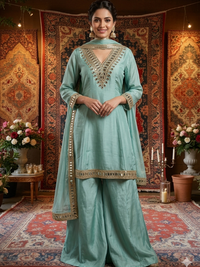 Mirror Work Silk Kurta with Sharara and Dupatta with Mirror Embroidered Pattern