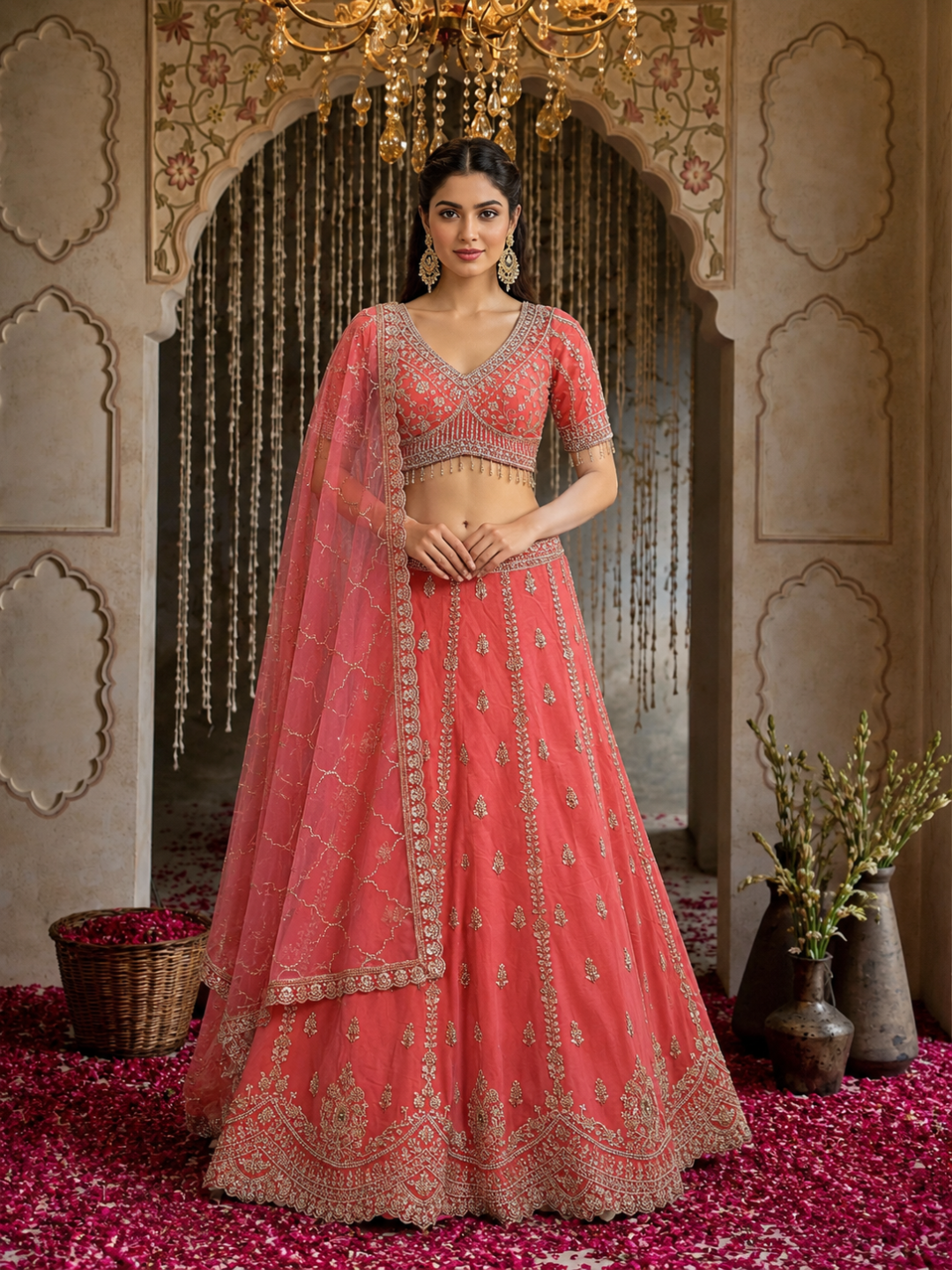Coral Pink Silk Lehenga Choli with Zari, Sequin & Pearl Floral Booti Embroidery with Pearl Tassel Hem & Net Dupatta