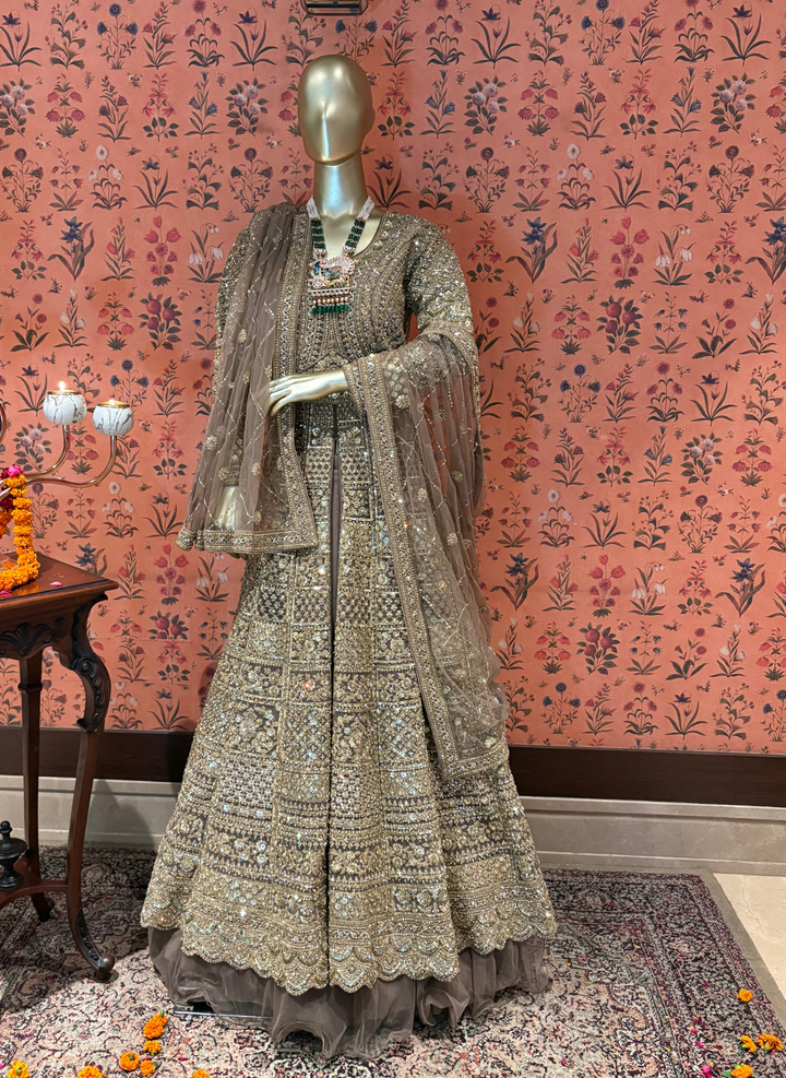 Net Heavy Zari & Sequin Embroidered Floral Gown with Net Dupatta