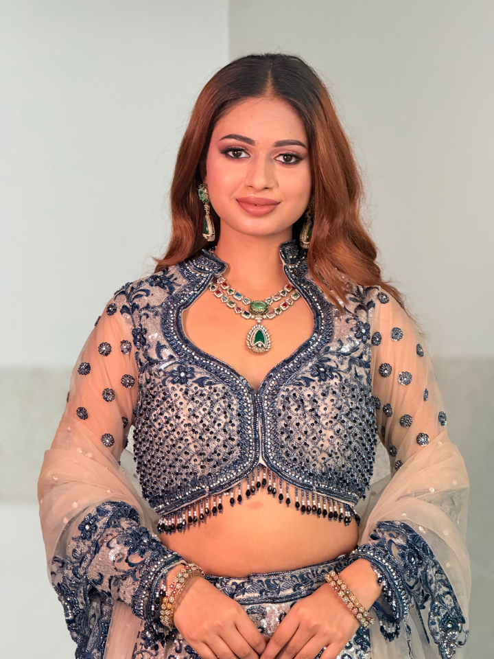 Sequin Floral Embroidered Lehenga Choli Set in Navy Blue Nude