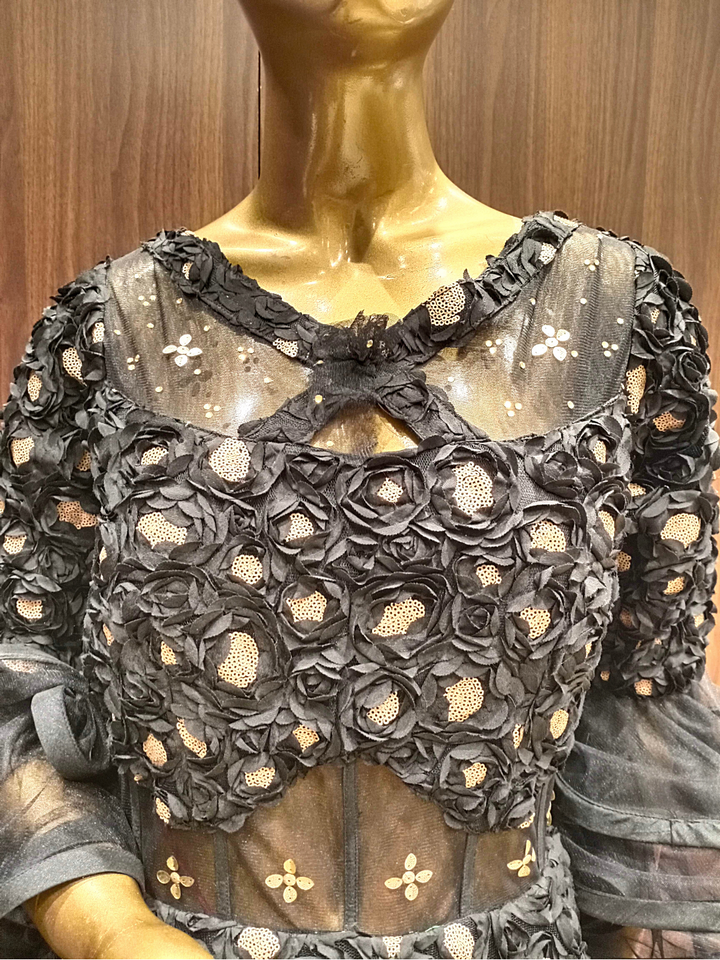 Grey Silk Ribbon Work Flared Gown With Ruffled Styled Bell Sleeves