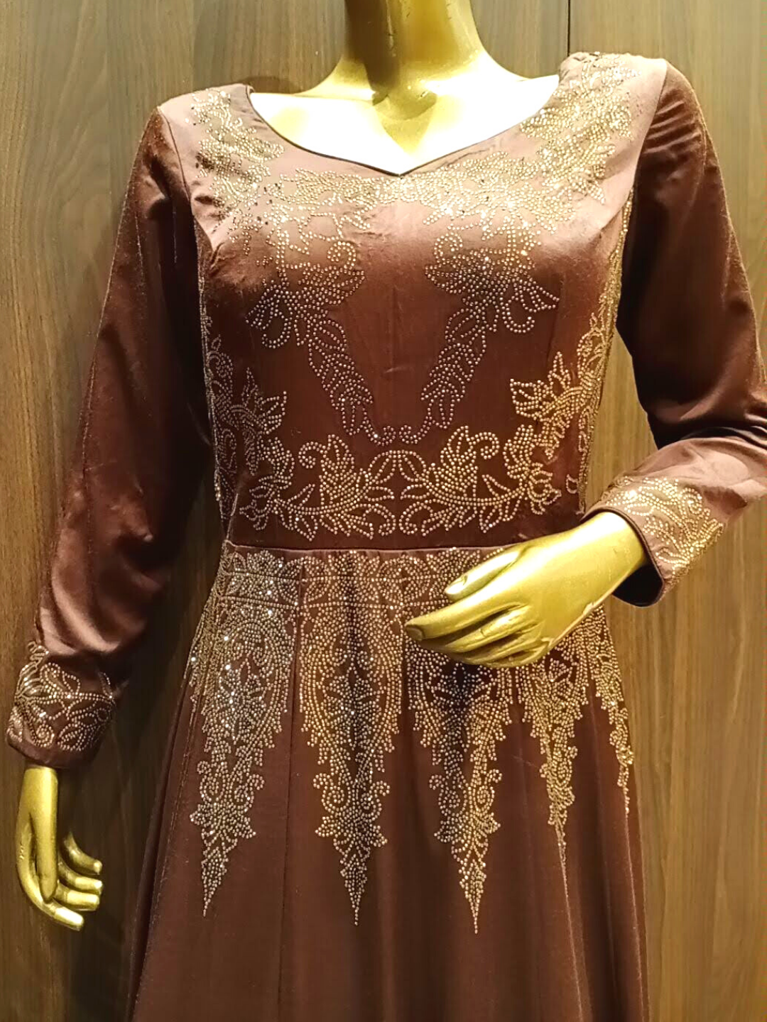 Metallic Brown Swarovski Crystal Embellished Gown with Ethnic Motifs