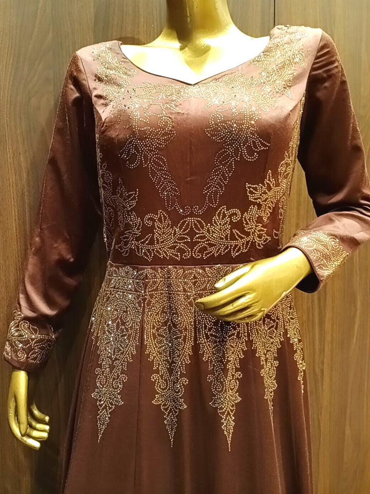 Metallic Brown Swarovski Crystal Embellished Gown with Ethnic Motifs
