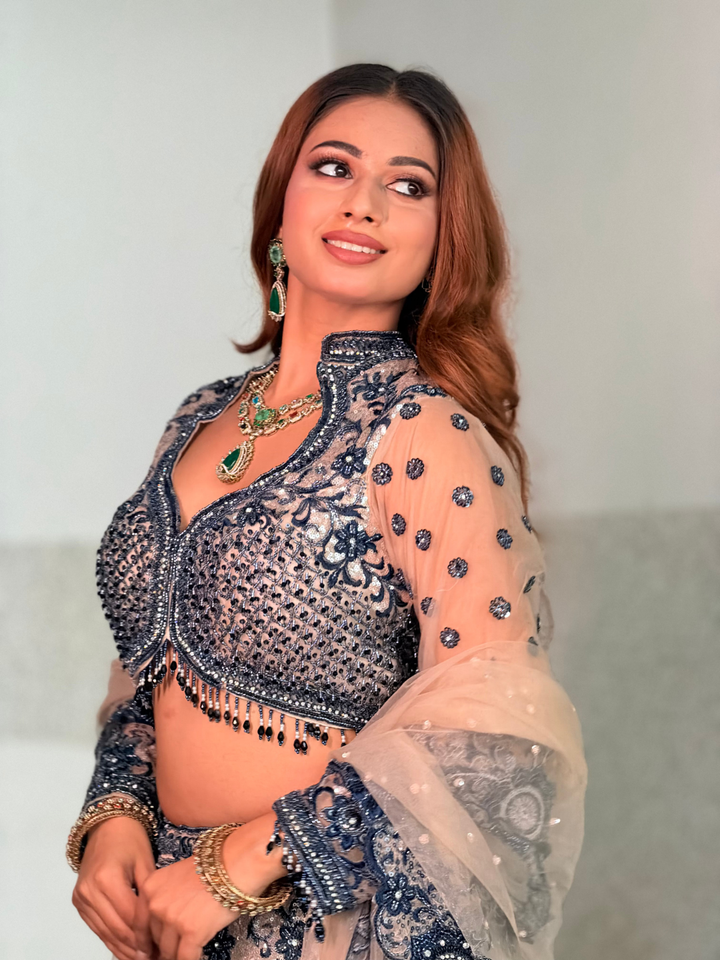 Sequin Floral Embroidered Lehenga Choli Set in Navy Blue Nude