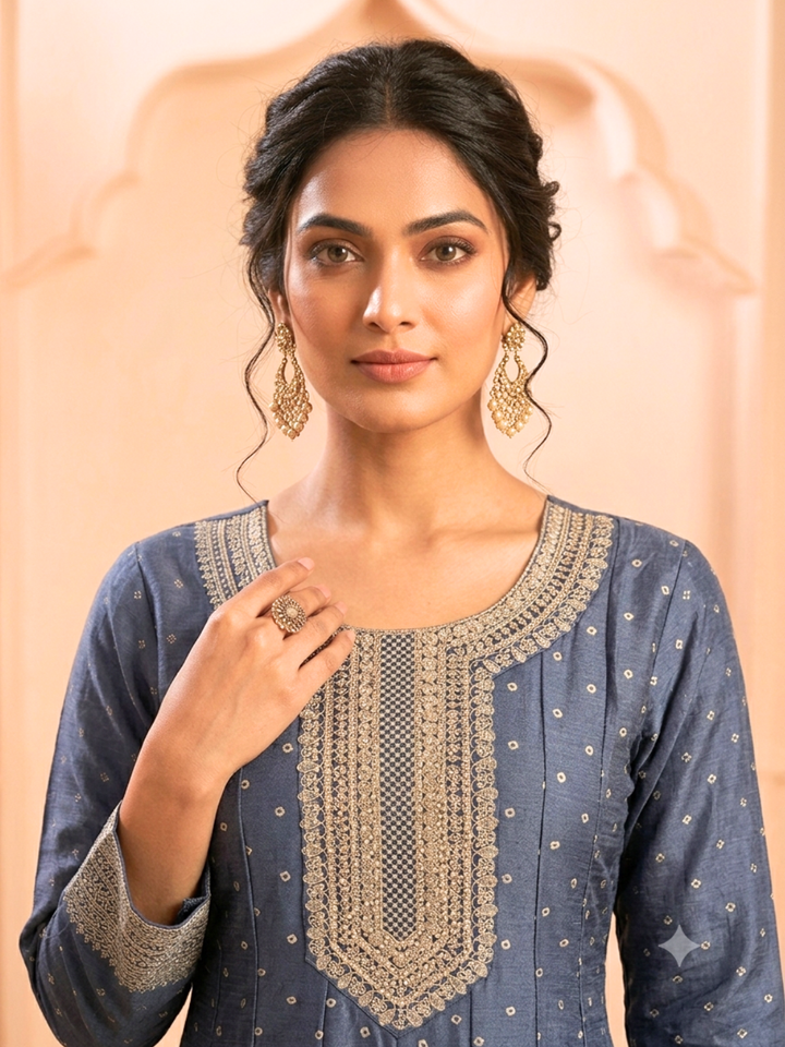 Silk Bandhani Zari Embroidered Anarkali with Banarasi Dupatta