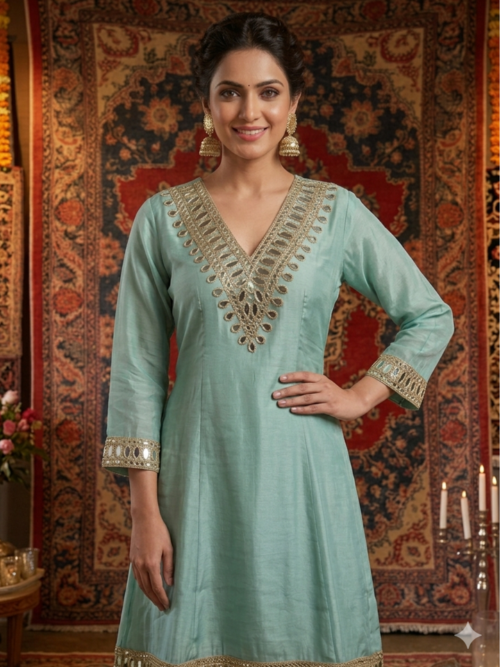 Mirror Work Silk Kurta with Sharara and Dupatta with Mirror Embroidered Pattern
