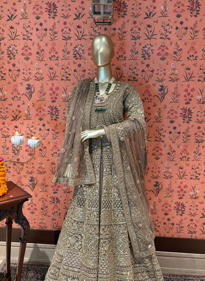 Net Heavy Zari & Sequin Embroidered Floral Gown with Net Dupatta
