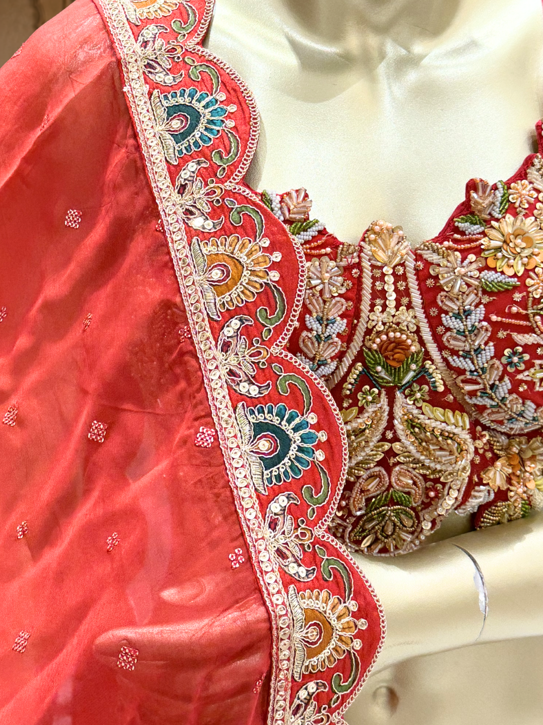 Banarasi Silk Meenakari Woven & Embroidered Bridal Lehenga Choli with Dupatta in Red & Multicolor