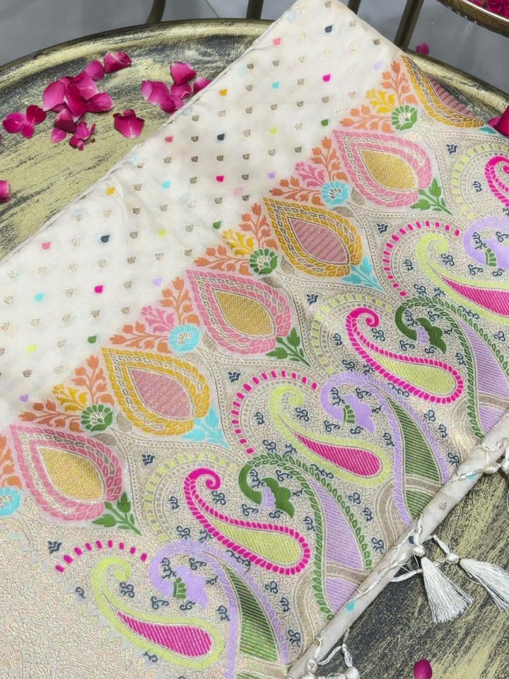 Ivory Banarasi Silk Woven Booti Saree with Multicolor Paisley Pallu