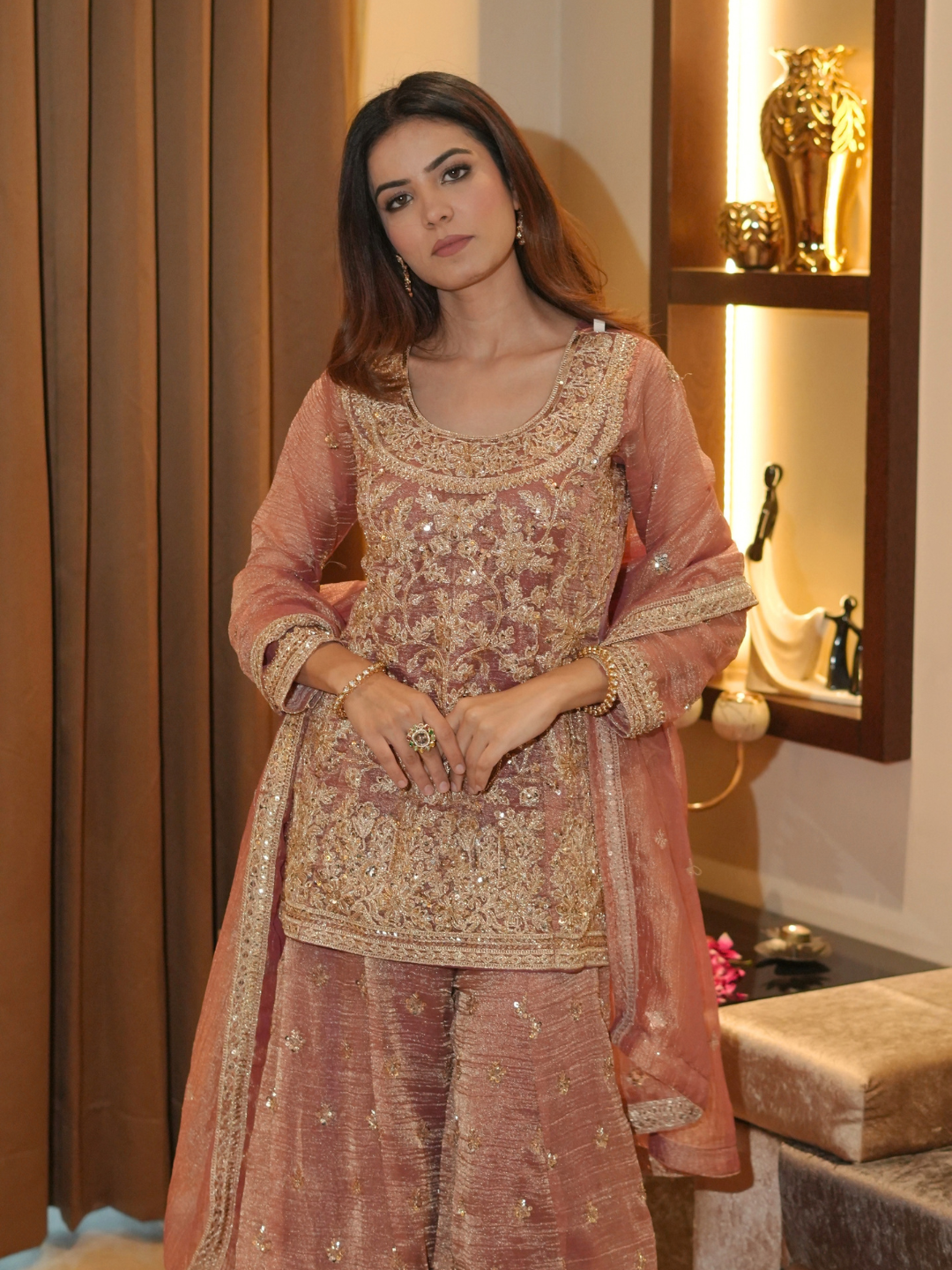 Rose Gold Crushed Tissue Kurta Palazzo Set with Zari Embroidery & Dupatta