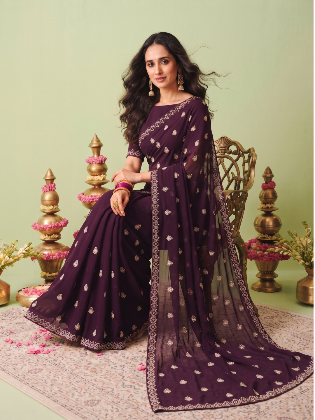 Georgette Saree with Zari Booti Embroidery & Geometric Lace Border