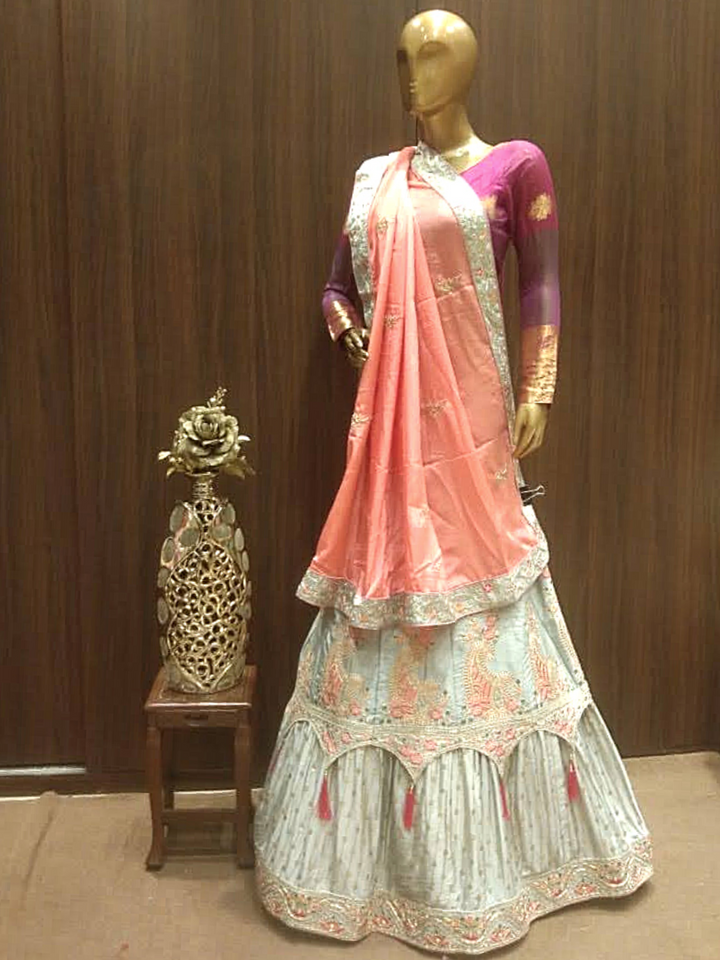 Aqua Blue Semi-Stitched Silk Lehenga Set with Contrast Crepe Dupatta With Resham Embroidery