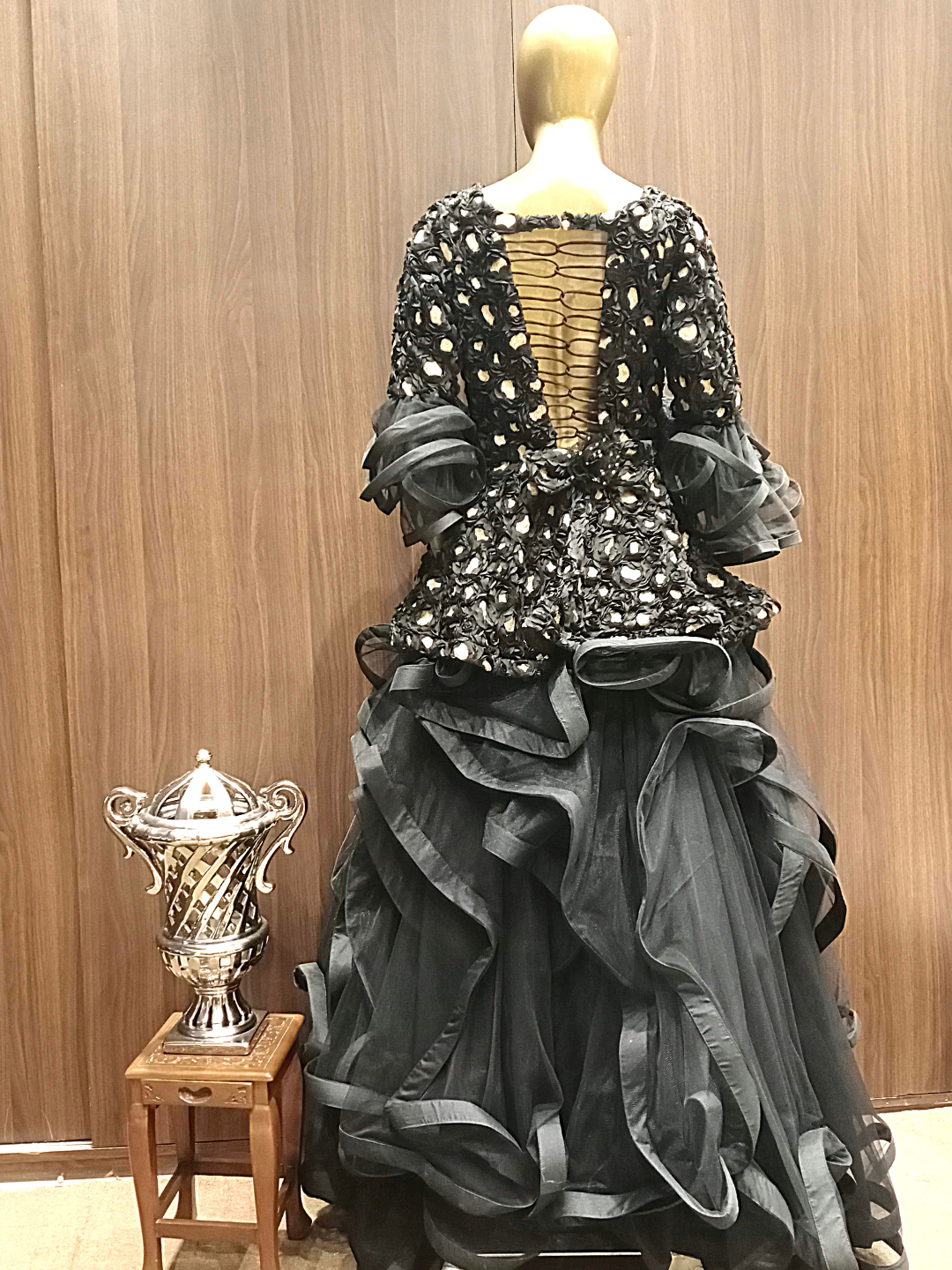 Grey Silk Ribbon Work Flared Gown With Ruffled Styled Bell Sleeves