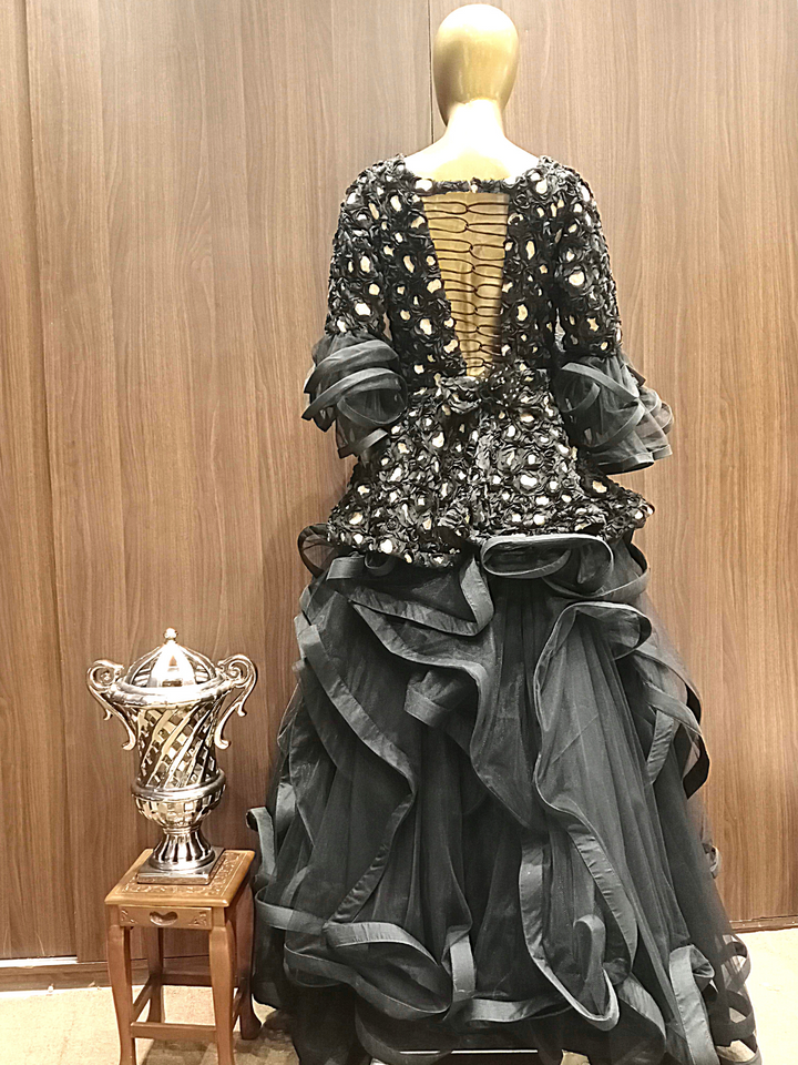 Grey Silk Ribbon Work Flared Gown With Ruffled Styled Bell Sleeves