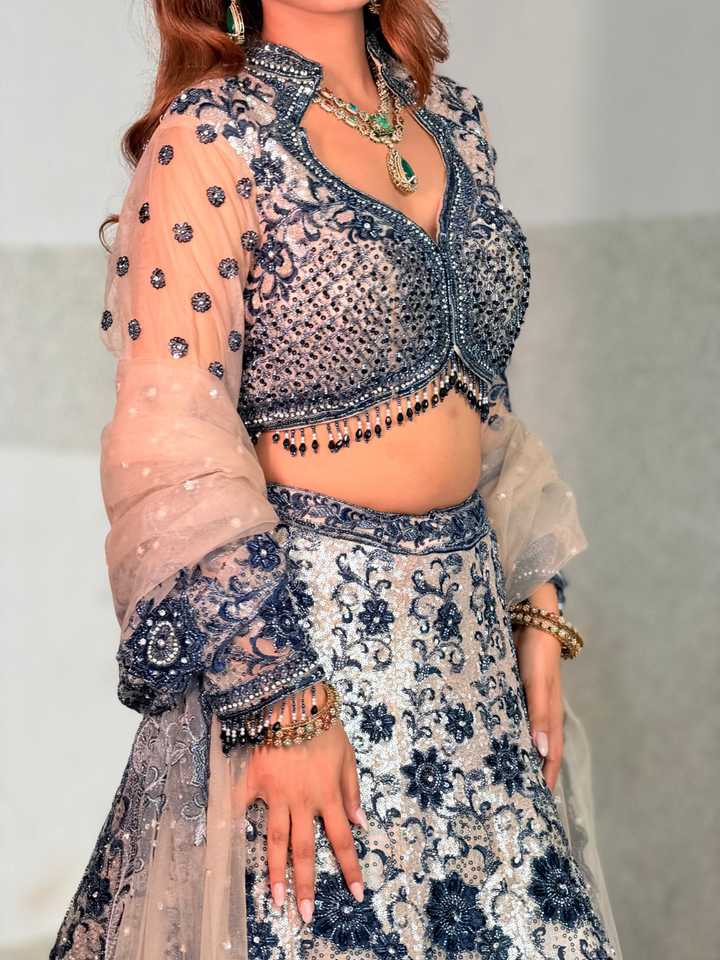 Sequin Floral Embroidered Lehenga Choli Set in Navy Blue Nude