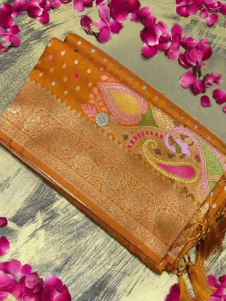 Mustard Banarasi Silk Woven Booti Saree with Multicolor Paisley Pallu