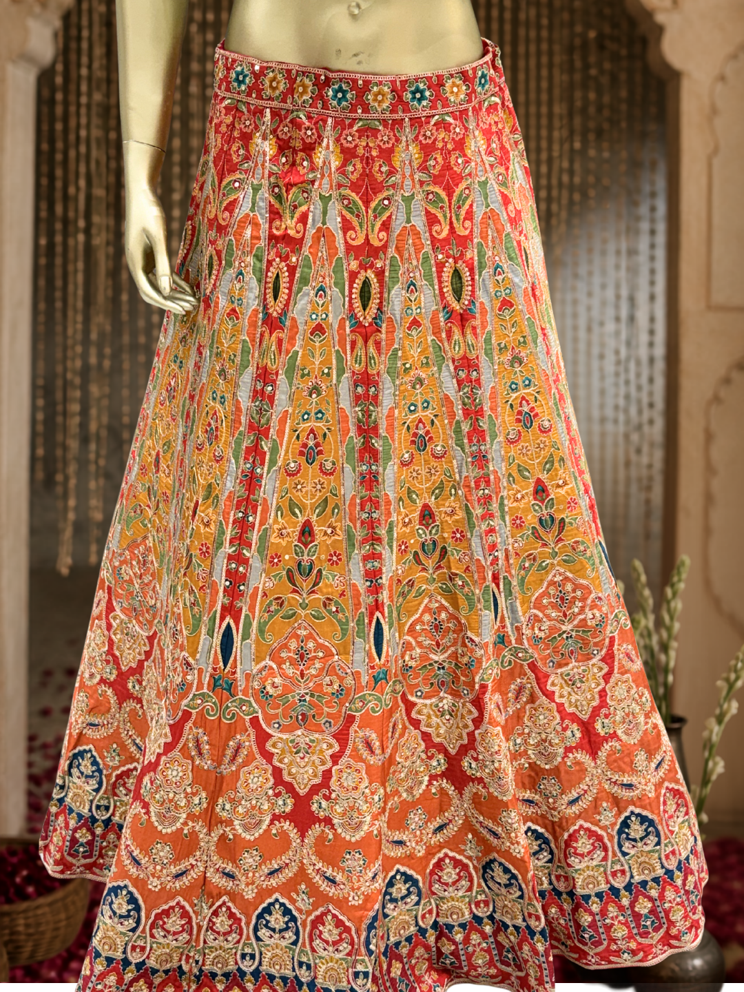 Banarasi Silk Meenakari Woven & Embroidered Bridal Lehenga Choli with Dupatta in Red & Multicolor