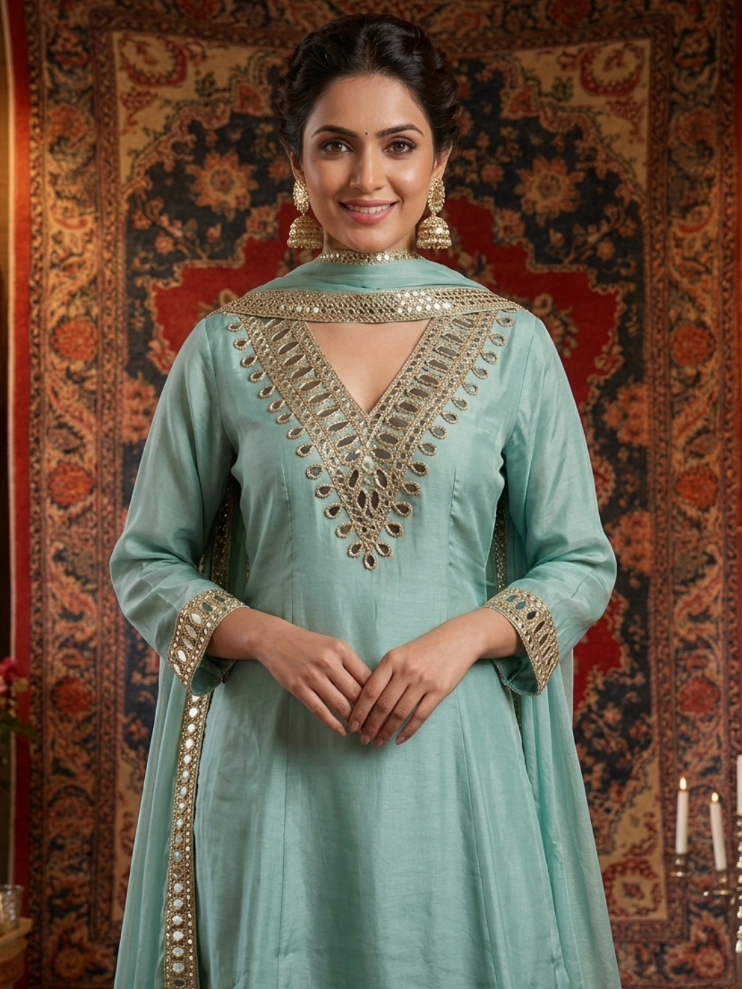 Mirror Work Silk Kurta with Sharara and Dupatta with Mirror Embroidered Pattern