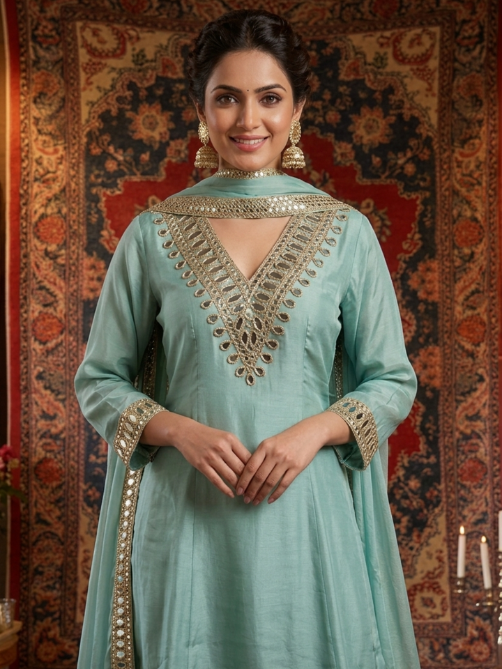 Mirror Work Silk Kurta with Sharara and Dupatta with Mirror Embroidered Pattern