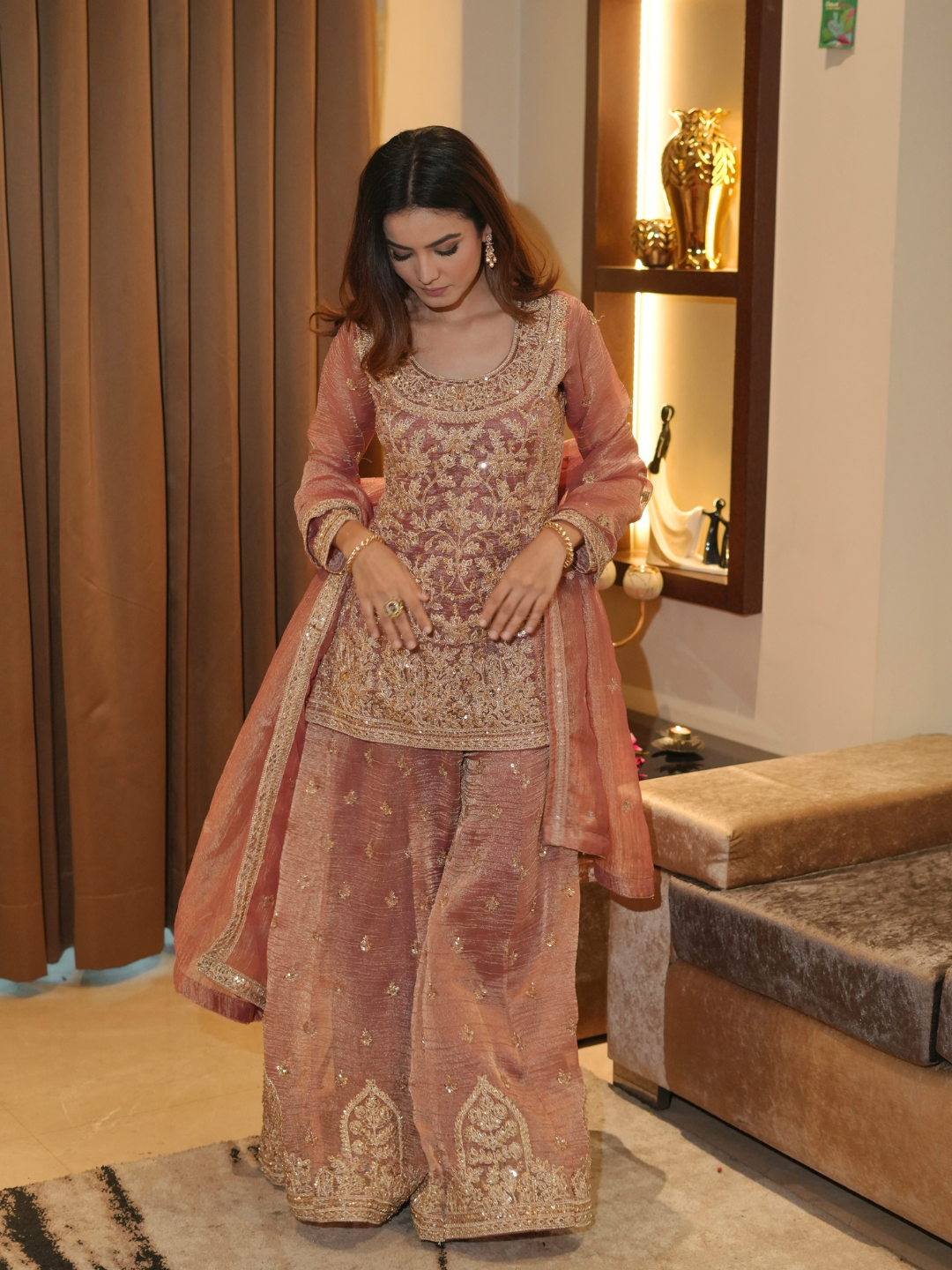 Rose Gold Crushed Tissue Kurta Palazzo Set with Zari Embroidery & Dupatta