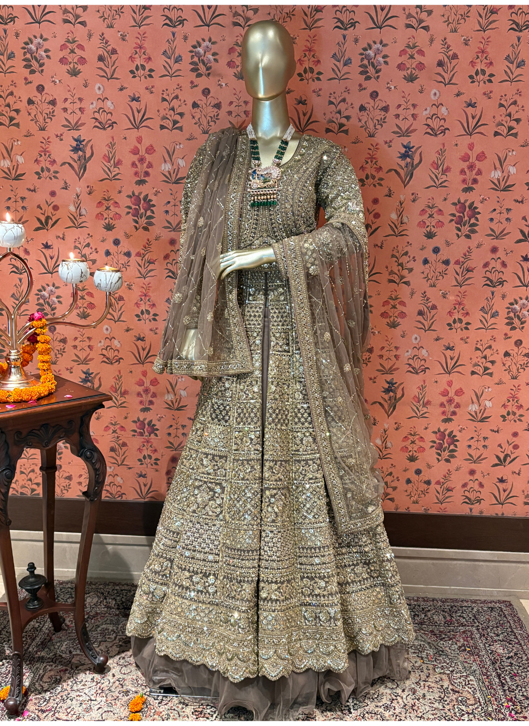 Net Heavy Zari & Sequin Embroidered Floral Gown with Net Dupatta