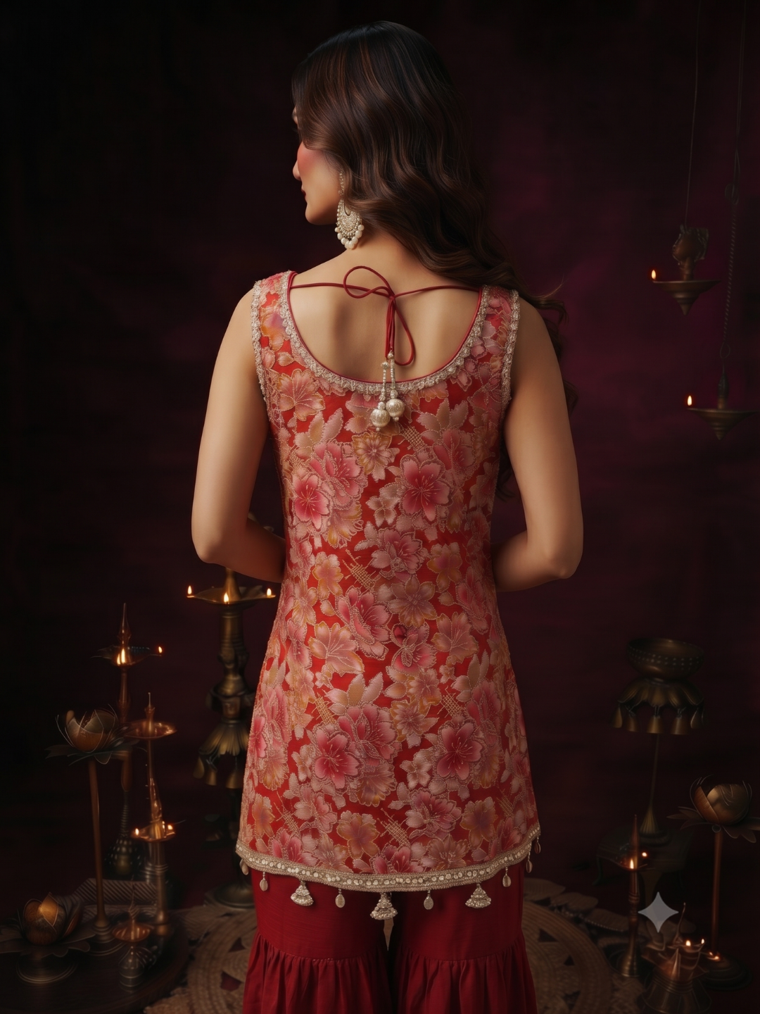 Floral Brocade Sleeveless Kurta with Sharara Set Red