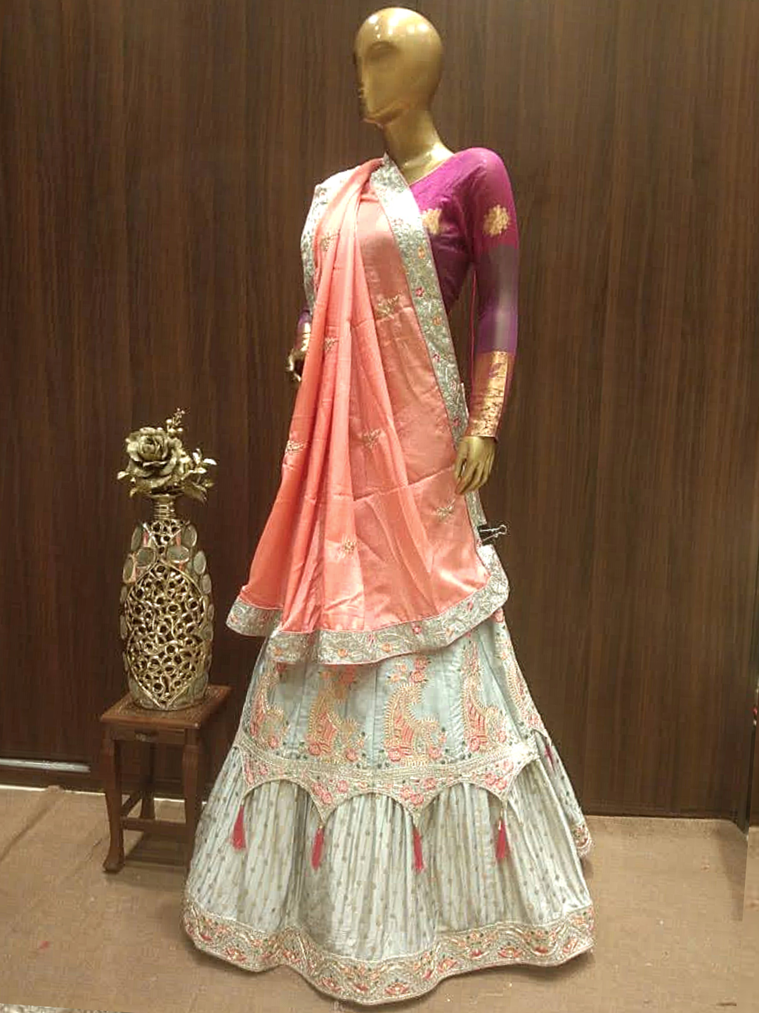 Aqua Blue Semi-Stitched Silk Lehenga Set with Contrast Crepe Dupatta With Resham Embroidery