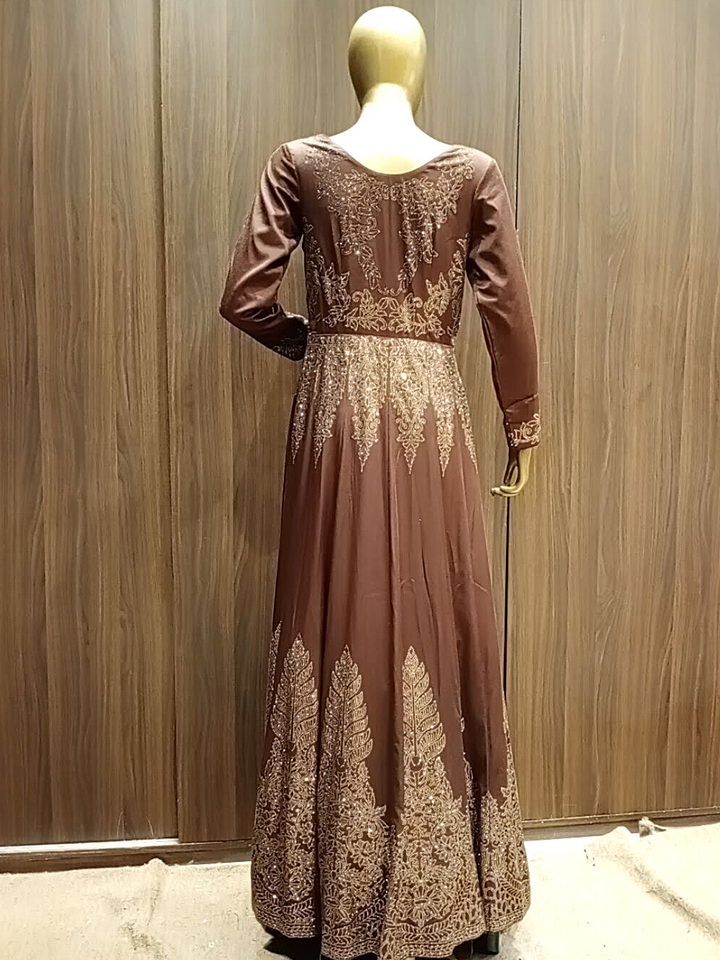 Metallic Brown Swarovski Crystal Embellished Gown with Ethnic Motifs