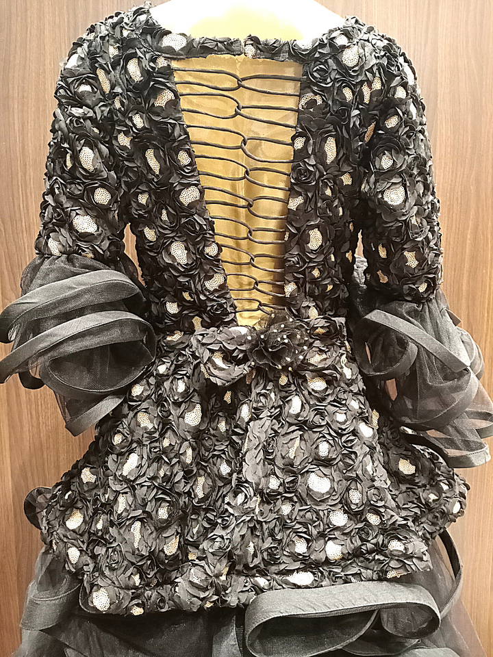 Grey Silk Ribbon Work Flared Gown With Ruffled Styled Bell Sleeves
