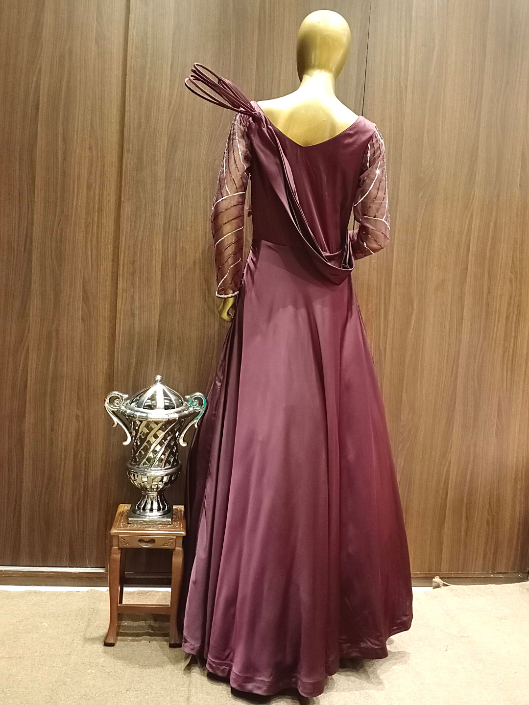 Wine Flared Cocktail Gown With Embroidered Sleeves , Pleating, Pearl Embellishments