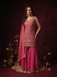Floral Brocade Sleeveless Kurta with Sharara Set in Rani Pink