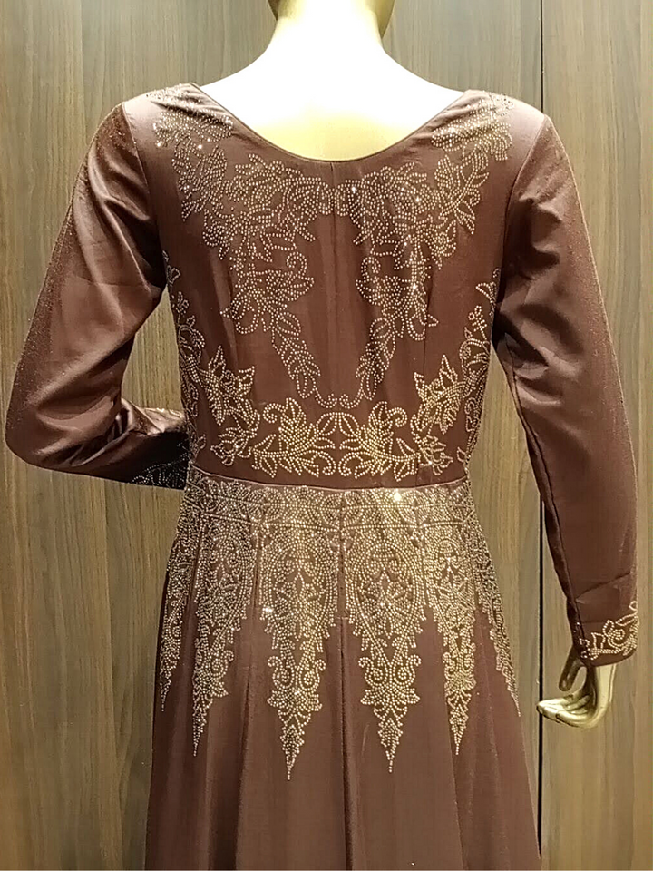 Metallic Brown Swarovski Crystal Embellished Gown with Ethnic Motifs