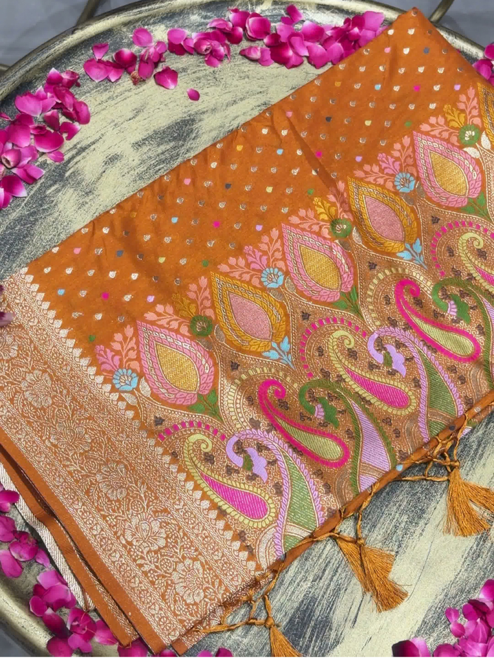 Mustard Banarasi Silk Woven Booti Saree with Multicolor Paisley Pallu