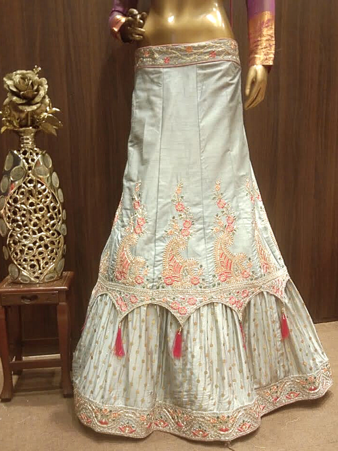 Aqua Blue Semi-Stitched Silk Lehenga Set with Contrast Crepe Dupatta With Resham Embroidery