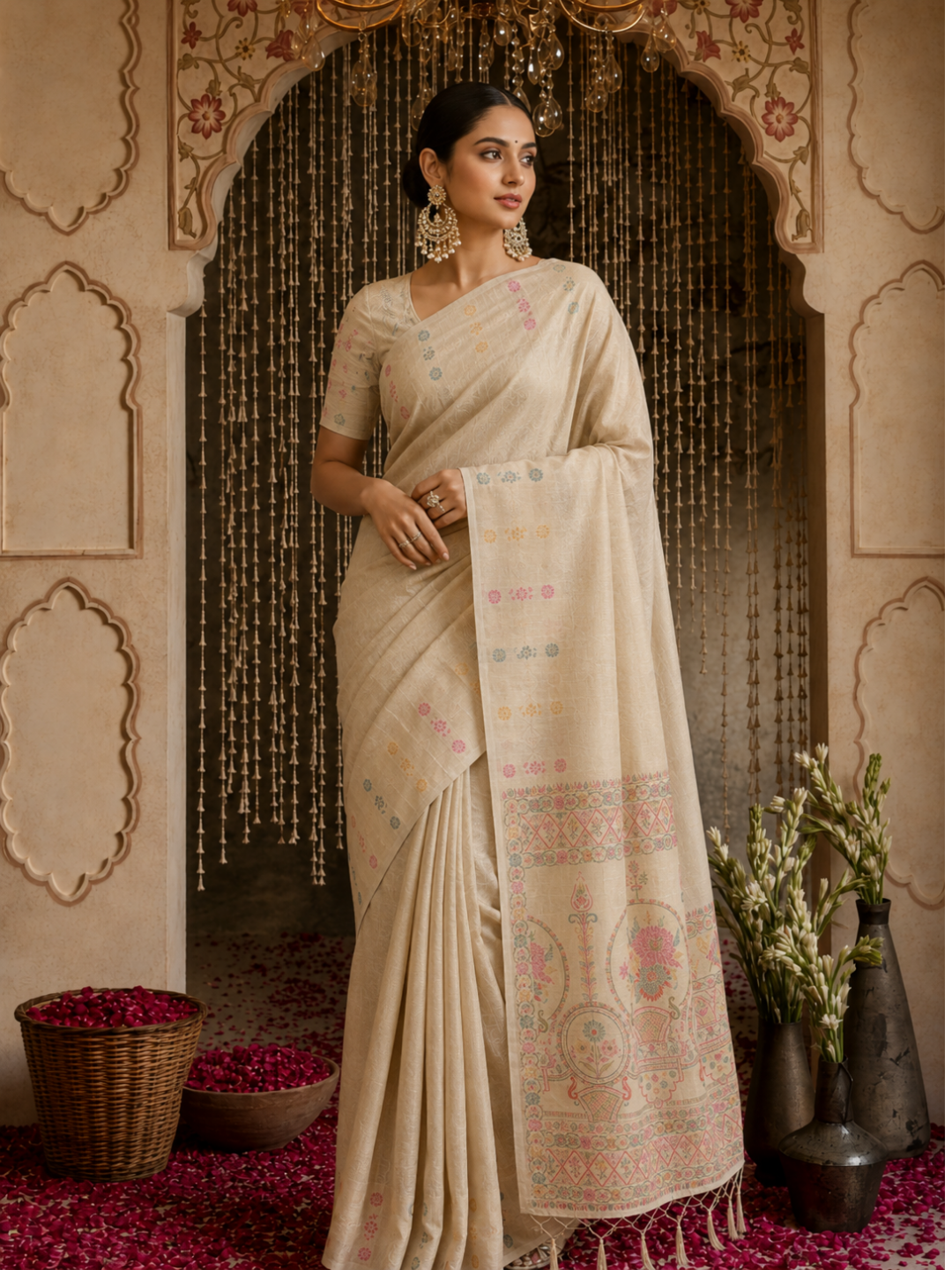 Banarasi Silk Meenakari Zari Jaal Woven Saree with Blouse Piece in Ivory