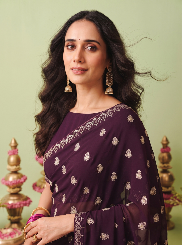 Georgette Saree with Zari Booti Embroidery & Geometric Lace Border