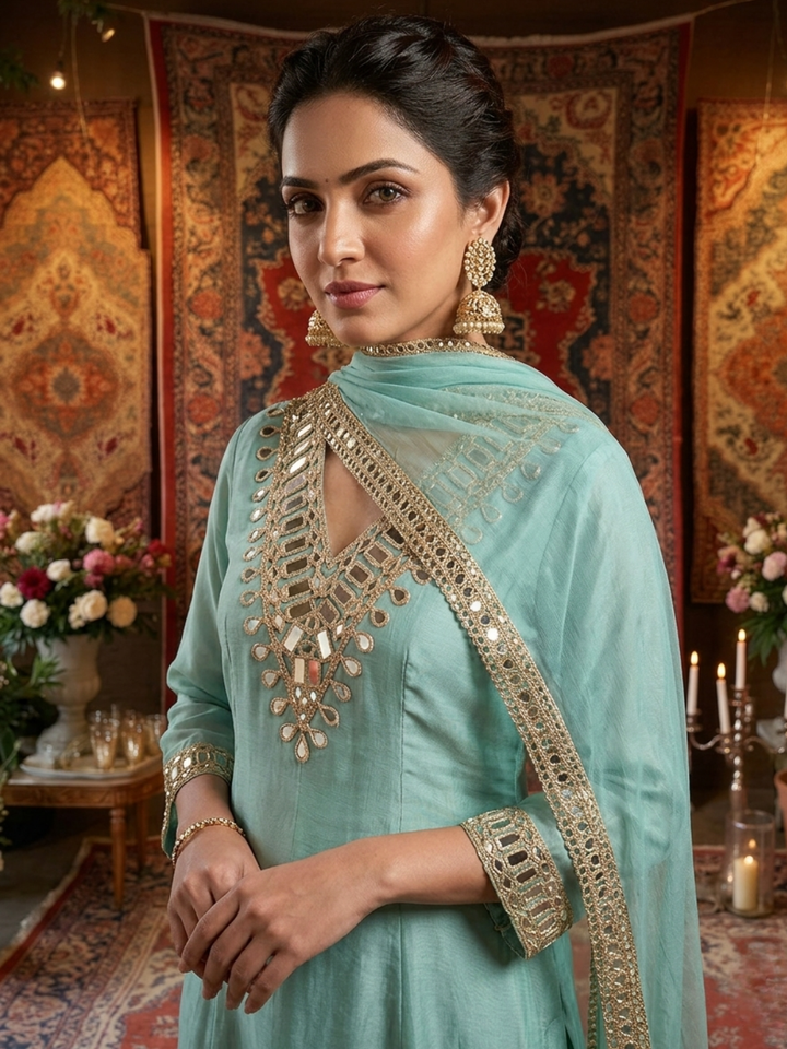 Mirror Work Silk Kurta with Sharara and Dupatta with Mirror Embroidered Pattern