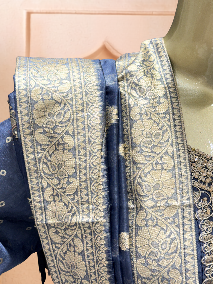 Silk Bandhani Zari Embroidered Anarkali with Banarasi Dupatta
