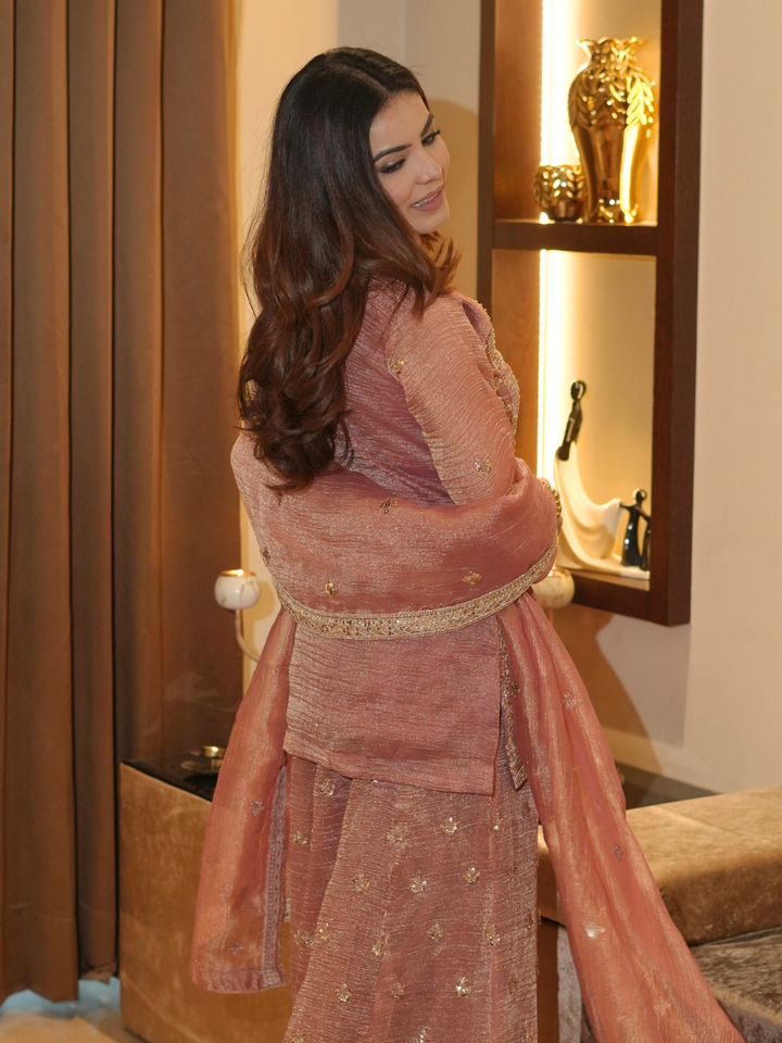 Rose Gold Crushed Tissue Kurta Palazzo Set with Zari Embroidery & Dupatta