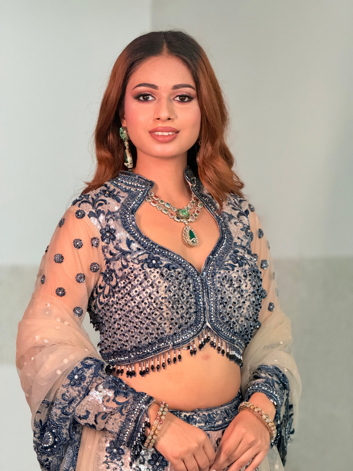 Sequin Floral Embroidered Lehenga Choli Set in Navy Blue Nude