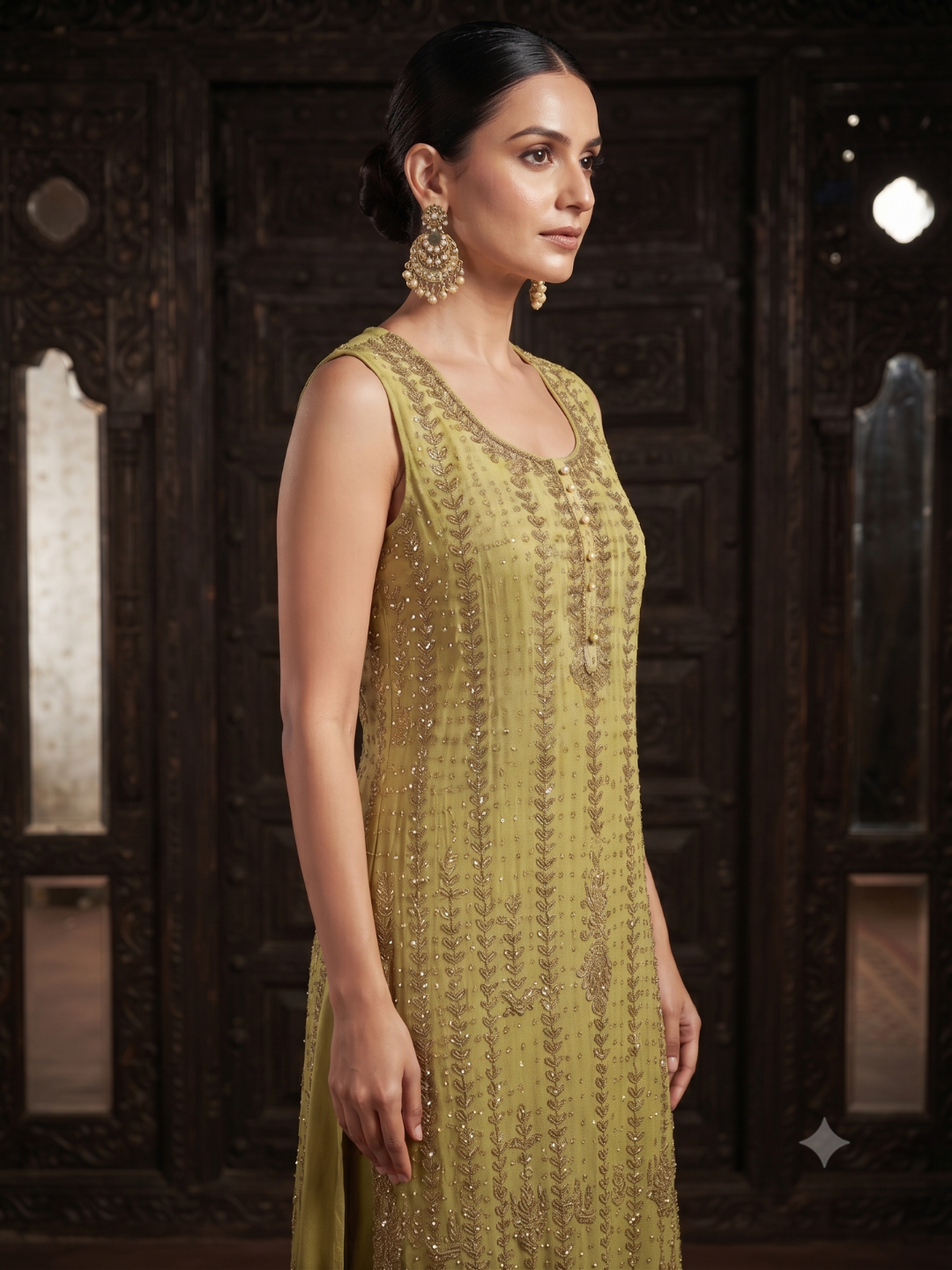 Sequin Embroidered Sleeveless Kurta with Sharara Set in Pear Green