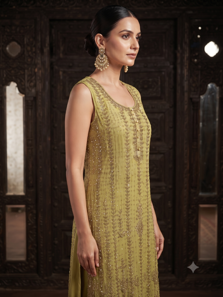 Sequin Embroidered Sleeveless Kurta with Sharara Set in Pear Green