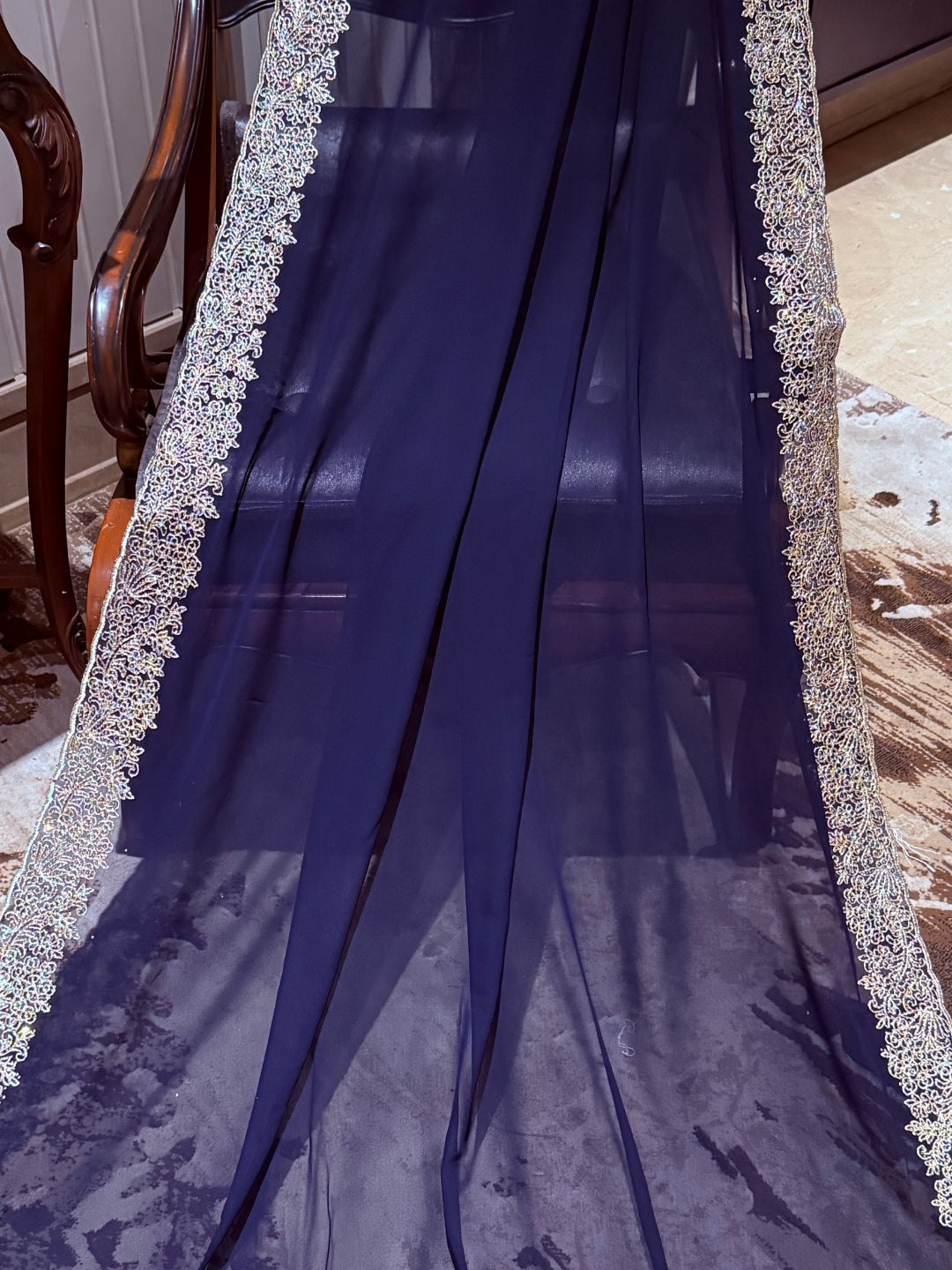 Navy Blue Georgette Saree with Silver Pastel Sequin Floral Embroidered Broad Border