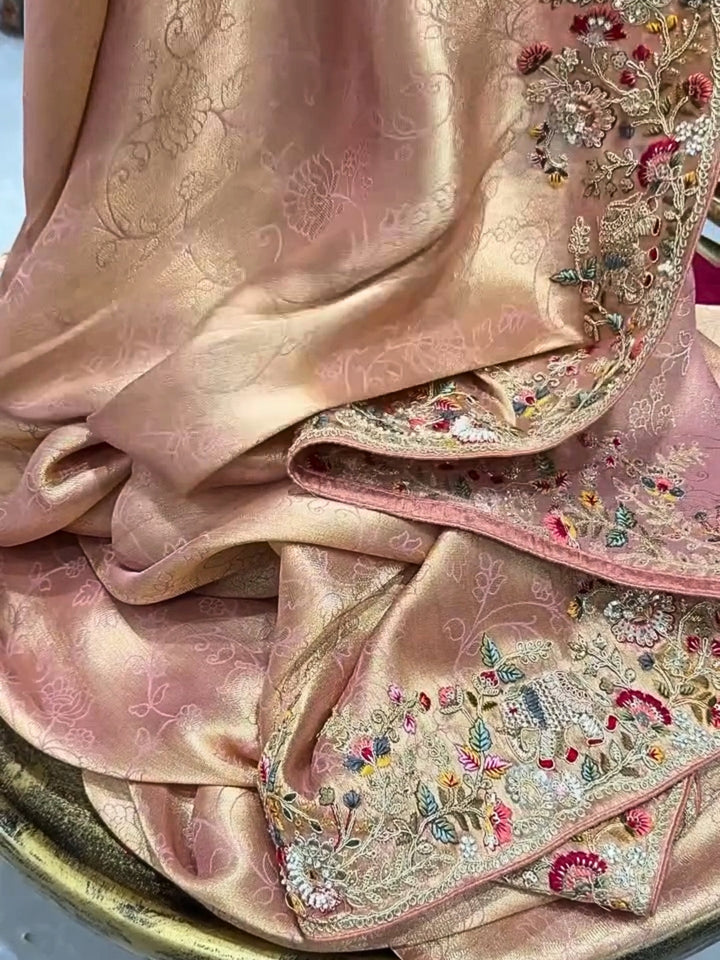 Elegant Dusty Rose Pink Banarasi Silk Saree with Intricate Floral Hand Embroidery & Zari Woven Motifs