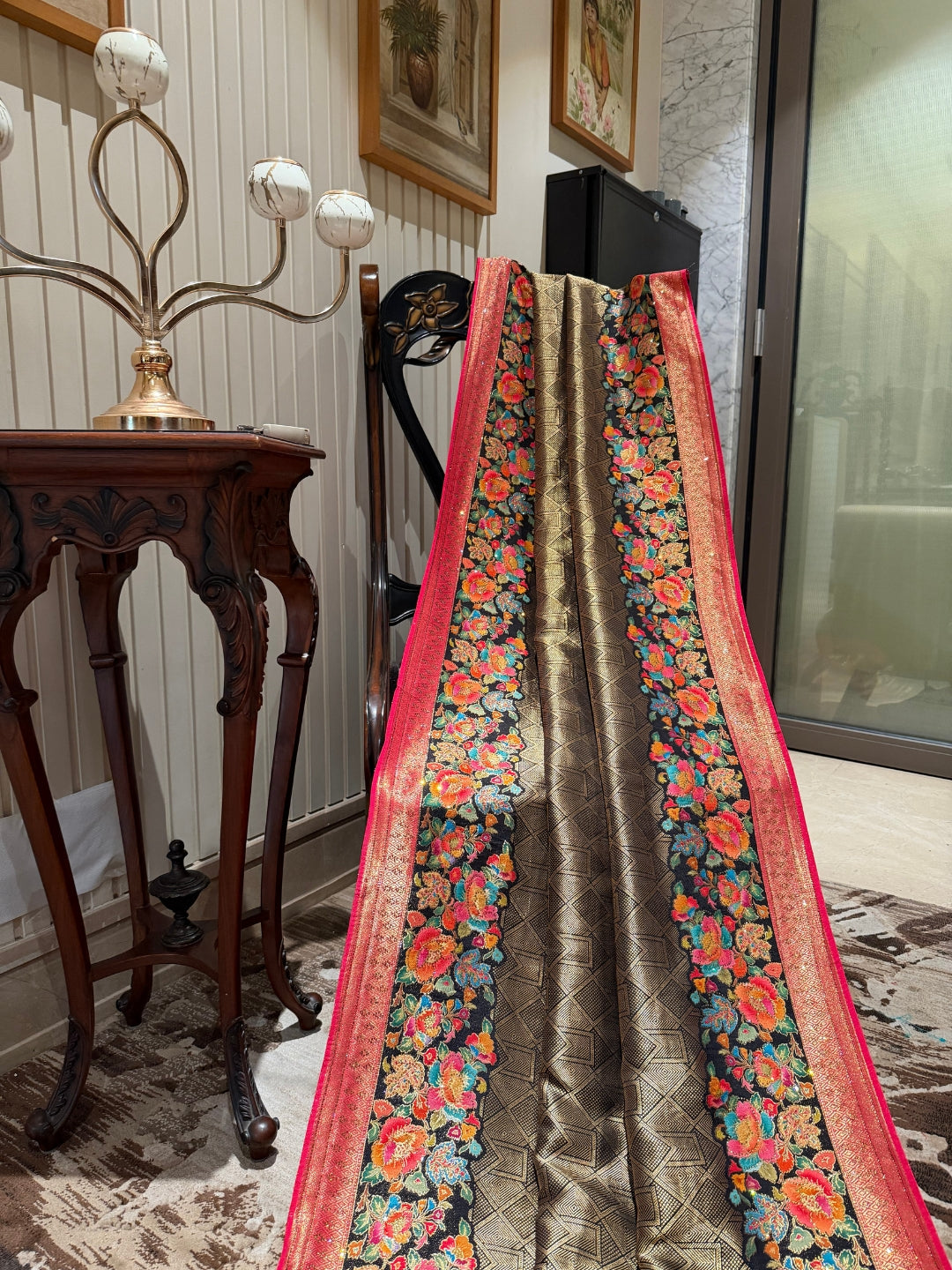 Black Banarasi Saree with Gold Woven Panel, Floral Jaal and Red Zari Tassel Pallu