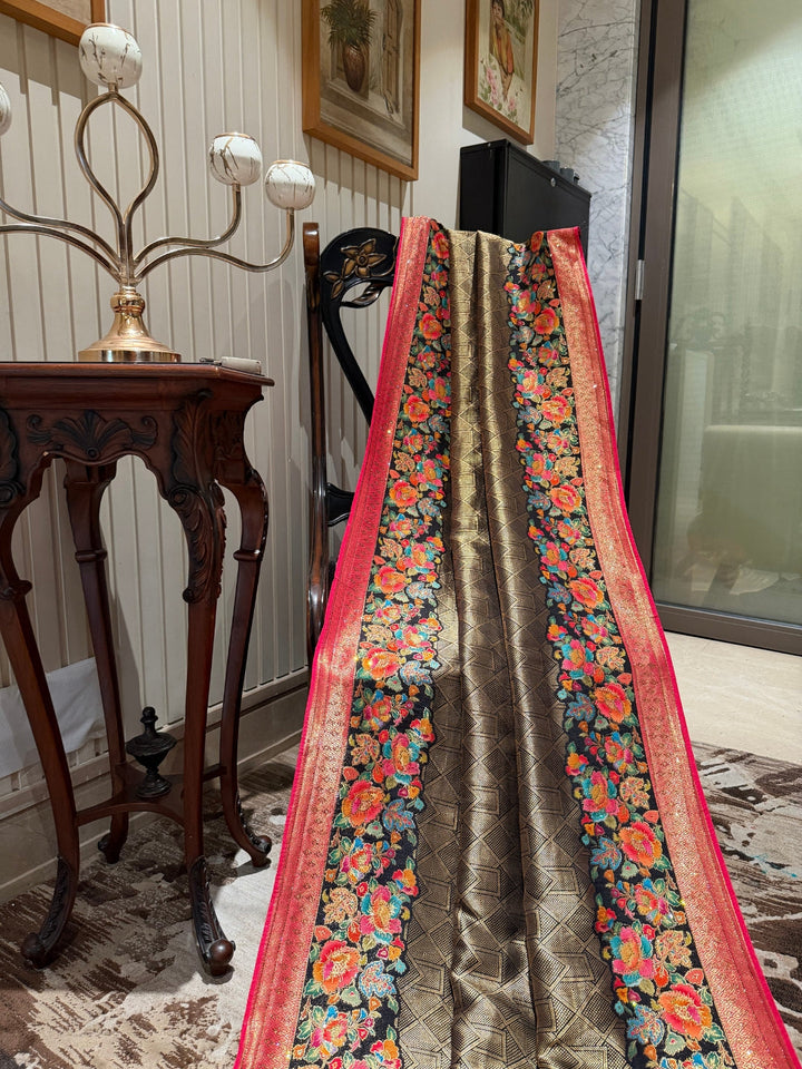 Black Banarasi Saree with Gold Woven Panel, Floral Jaal and Red Zari Tassel Pallu