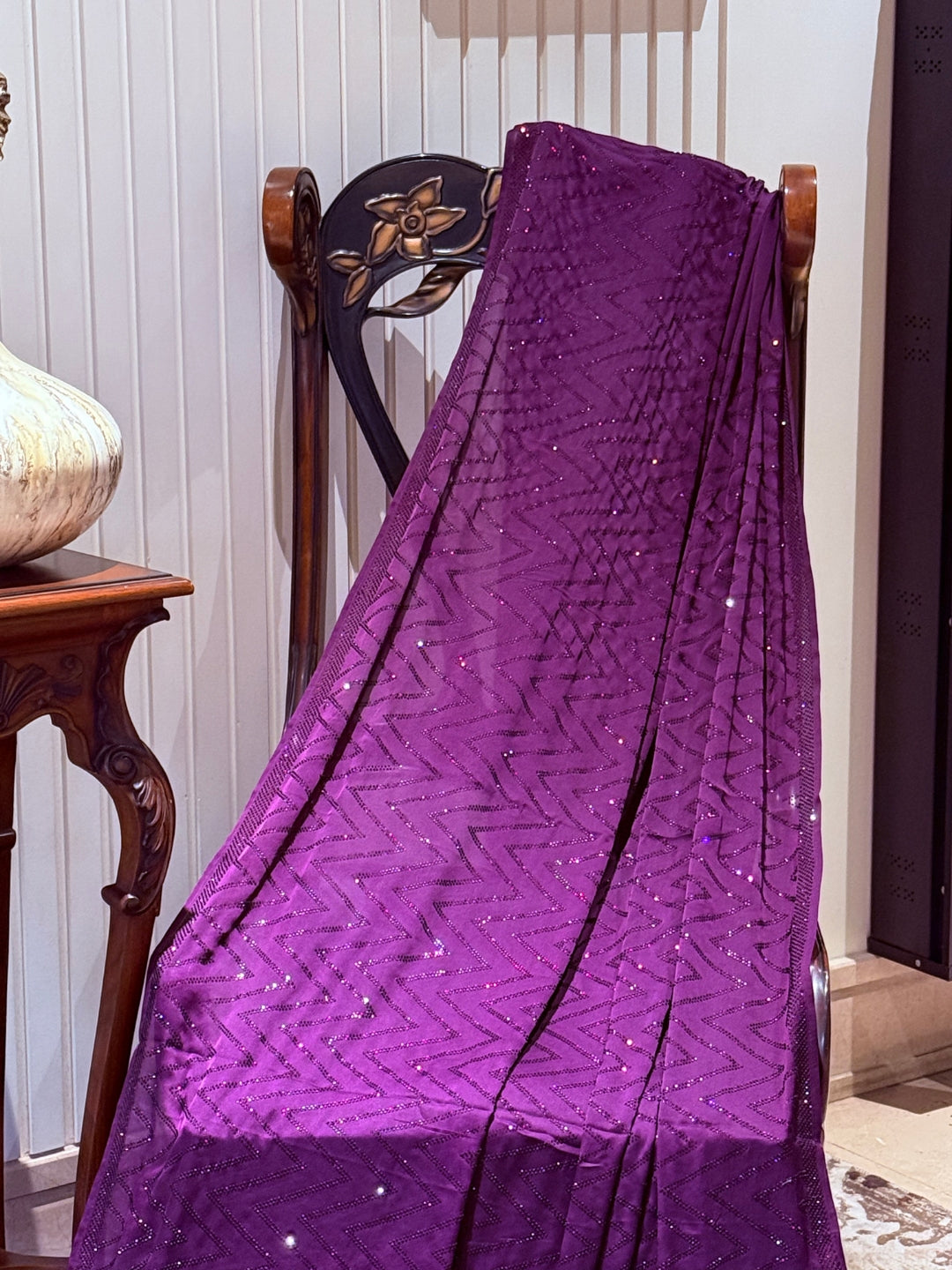 Georgette Saree with All-Over Zigzag Sequin Work & Matching Sequin Border